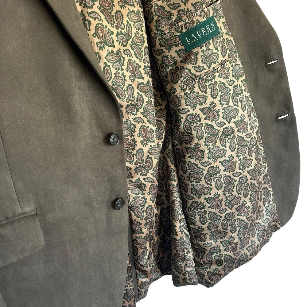 Lauren Ralph Lauren Faux Suede Blazer 46R Taupe Brown Paisley Lined Sport Coat
